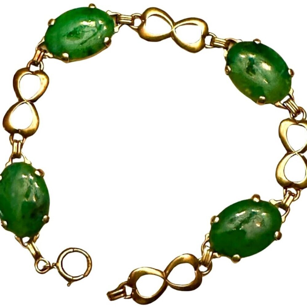 Antique Apple Green Oval Jade Cabochon 14Kt Gold Link Infinity Luck Bracelet